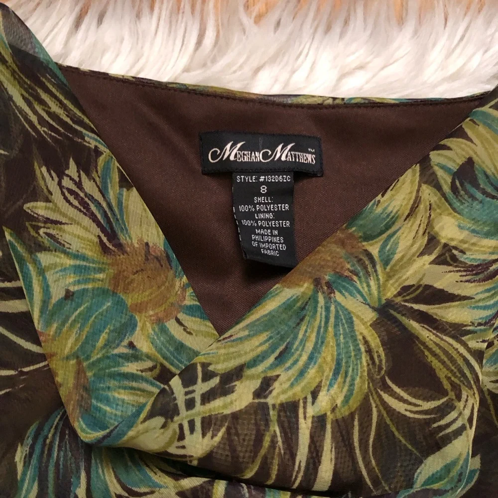 Meghan Matthews Daisy Floral Asymmetrical Sleeveless Green Brown Midi Dress 8 - Picture 2 of 10